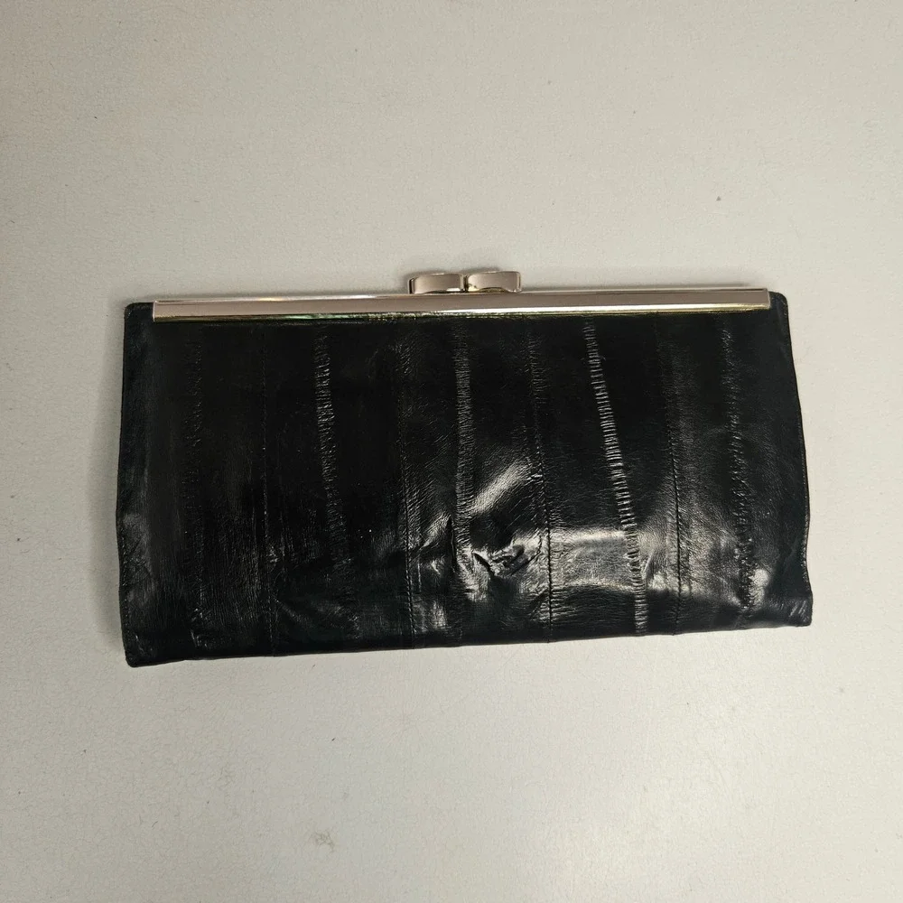 Vintage‎ Serpendo Korea Black Eel Skin Leather Kiss Lock Clutch Wallet Tri-Fold